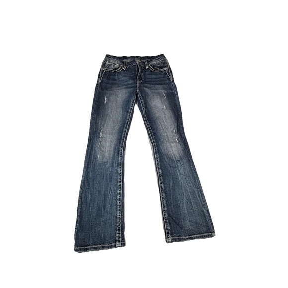 Miss Me Jeans Womens 30 Blue Mid Rise Bootcut Distressed Flap Pockets Rhinestone - Picture 2 of 16